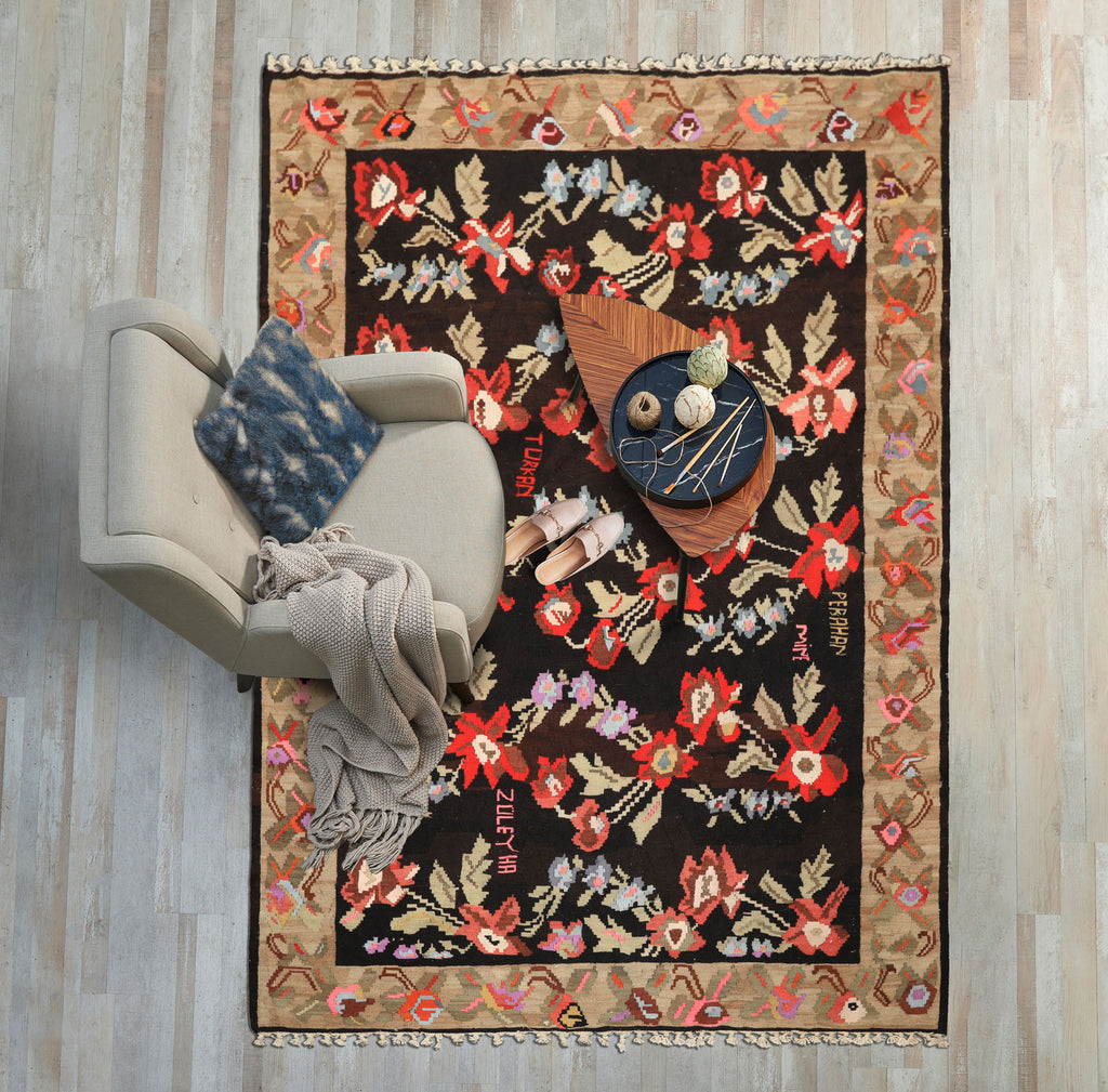 6x9 Charcoal, Chocolate, Sage Color Hand Woven Anatolian Kilim Wool Traditional Oriental Rug