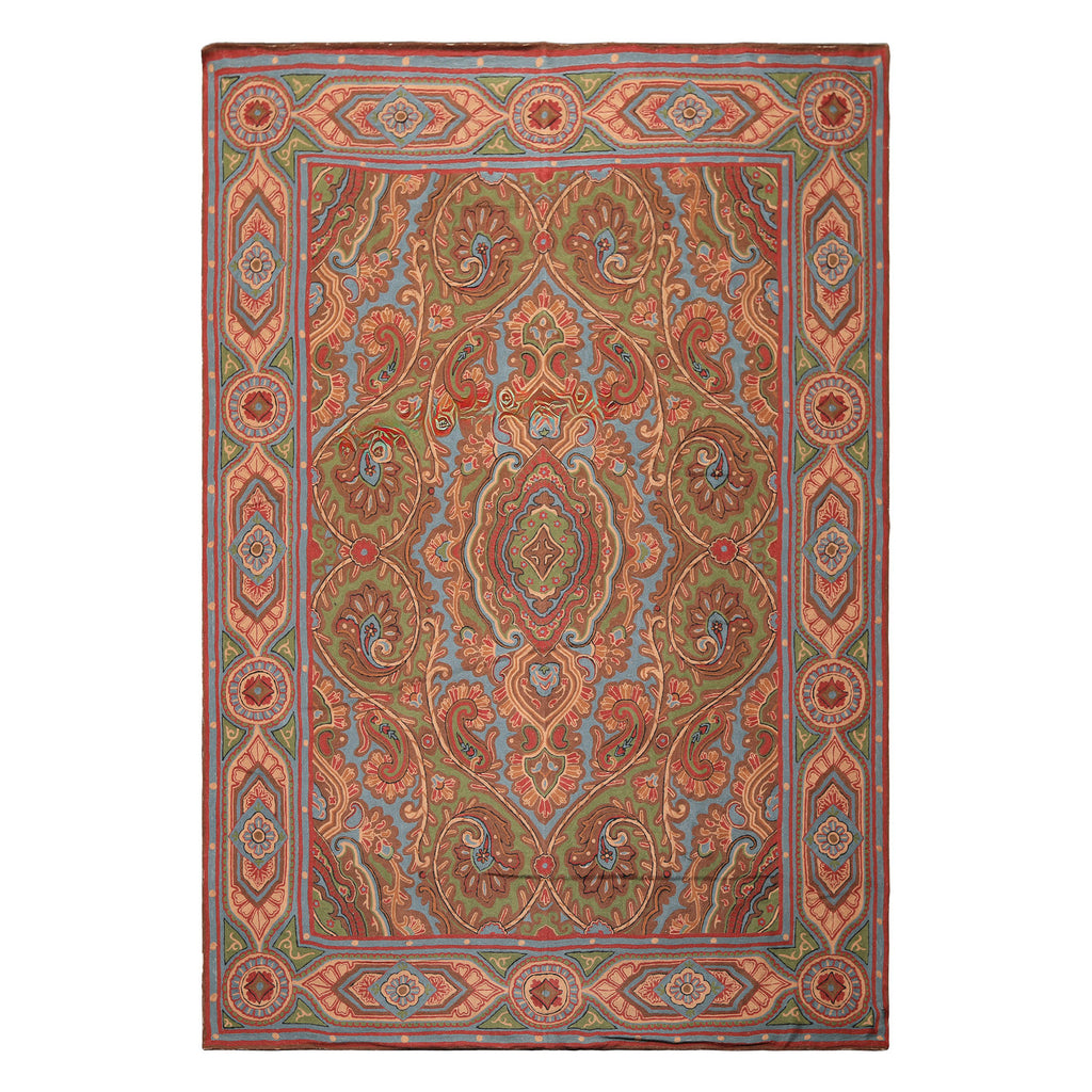 6x9 Green, Aqua, Bown Color Hand Woven Chainstitch Needlepoint Wool Traditional Oriental Rug