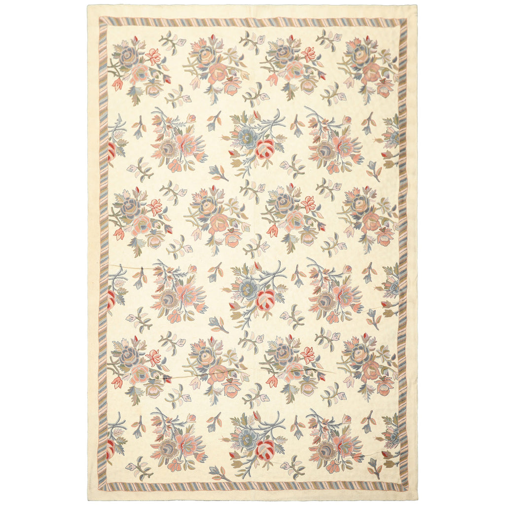 6x9 Ivory, Blue, Rose Color Hand Woven Chainstitch Needlepoint Wool Traditional Oriental Rug