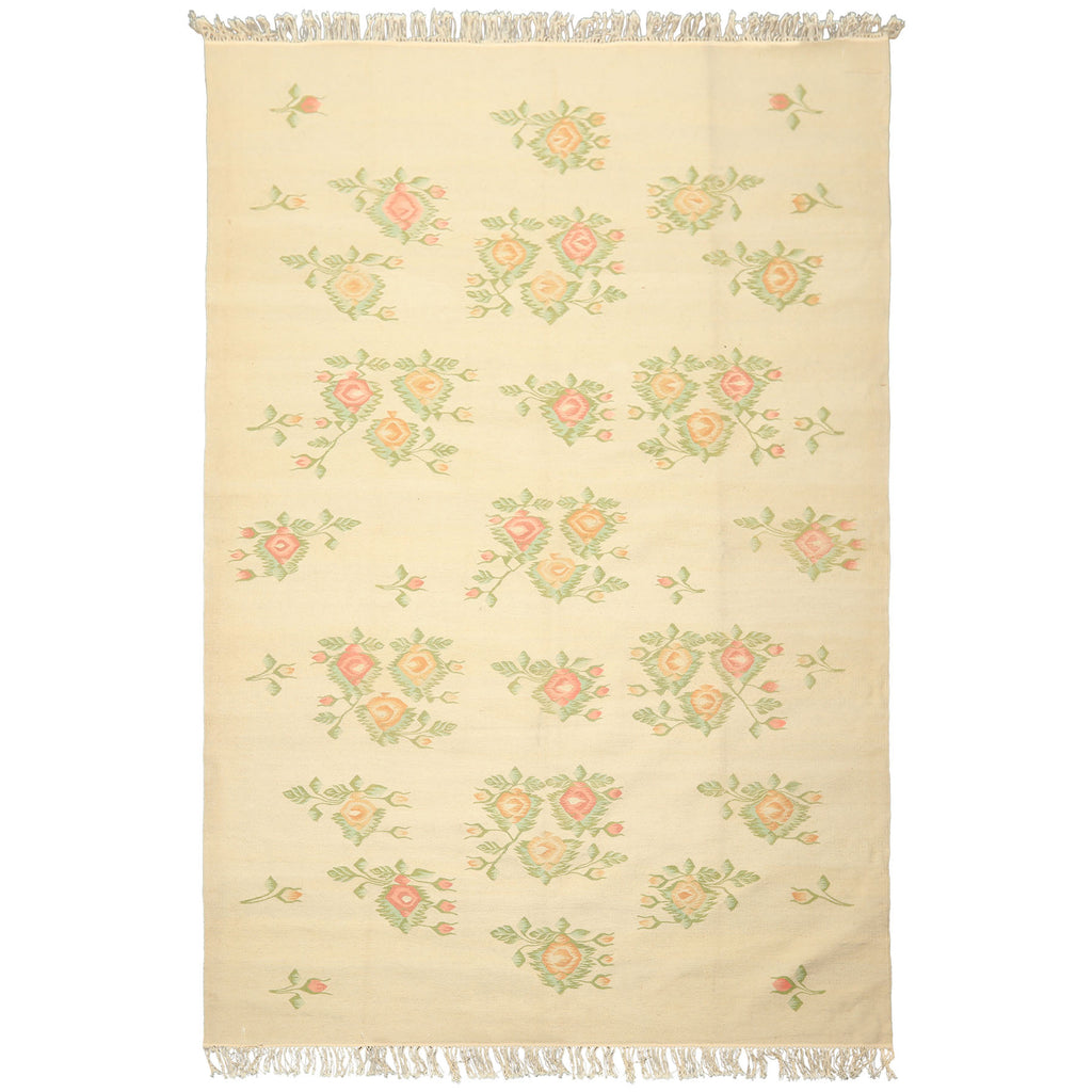 6x9 Ivory, Lime, Blush Color Hand Woven Kilim Wool Traditional Oriental Rug