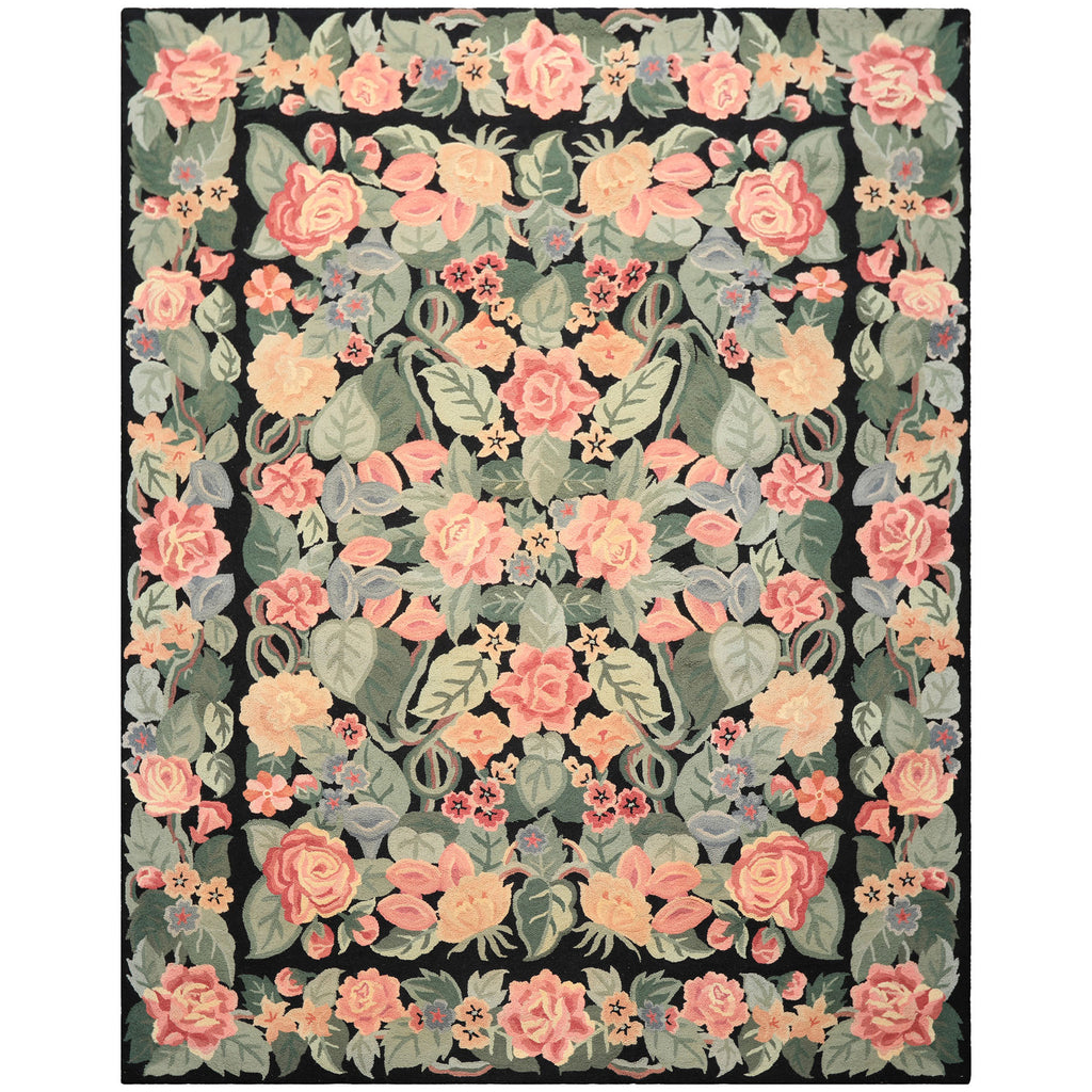 8x10 Charcoal, Celadon, Pink Color Hand Hooked  Wool Traditional Oriental Rug
