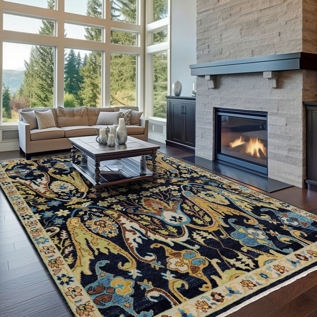 Multi Size Navy Mint Ivory Color Hand Knotted Oushak Wool  Oriental Rug