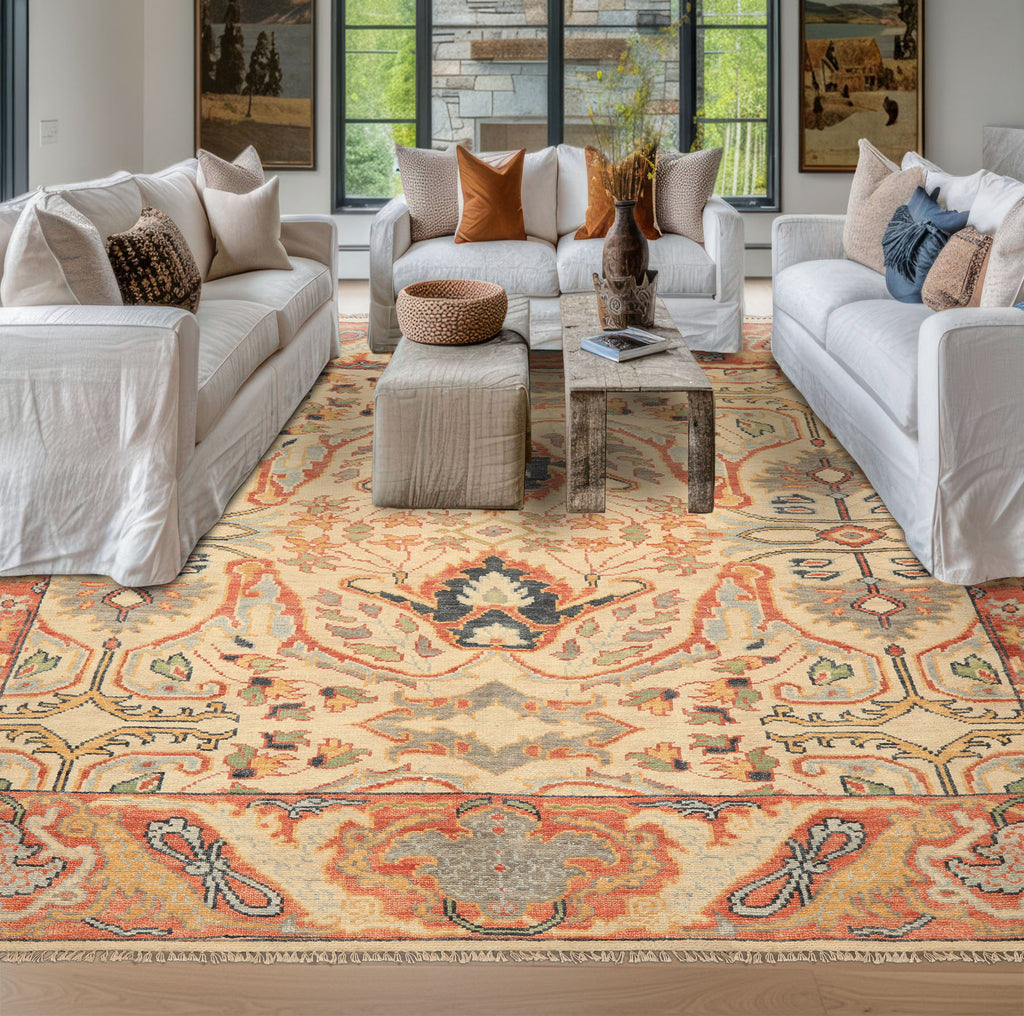 8x10 Beige, Rust, Sage Color Hand Knotted Oushak 100% Wool  Oriental Rug