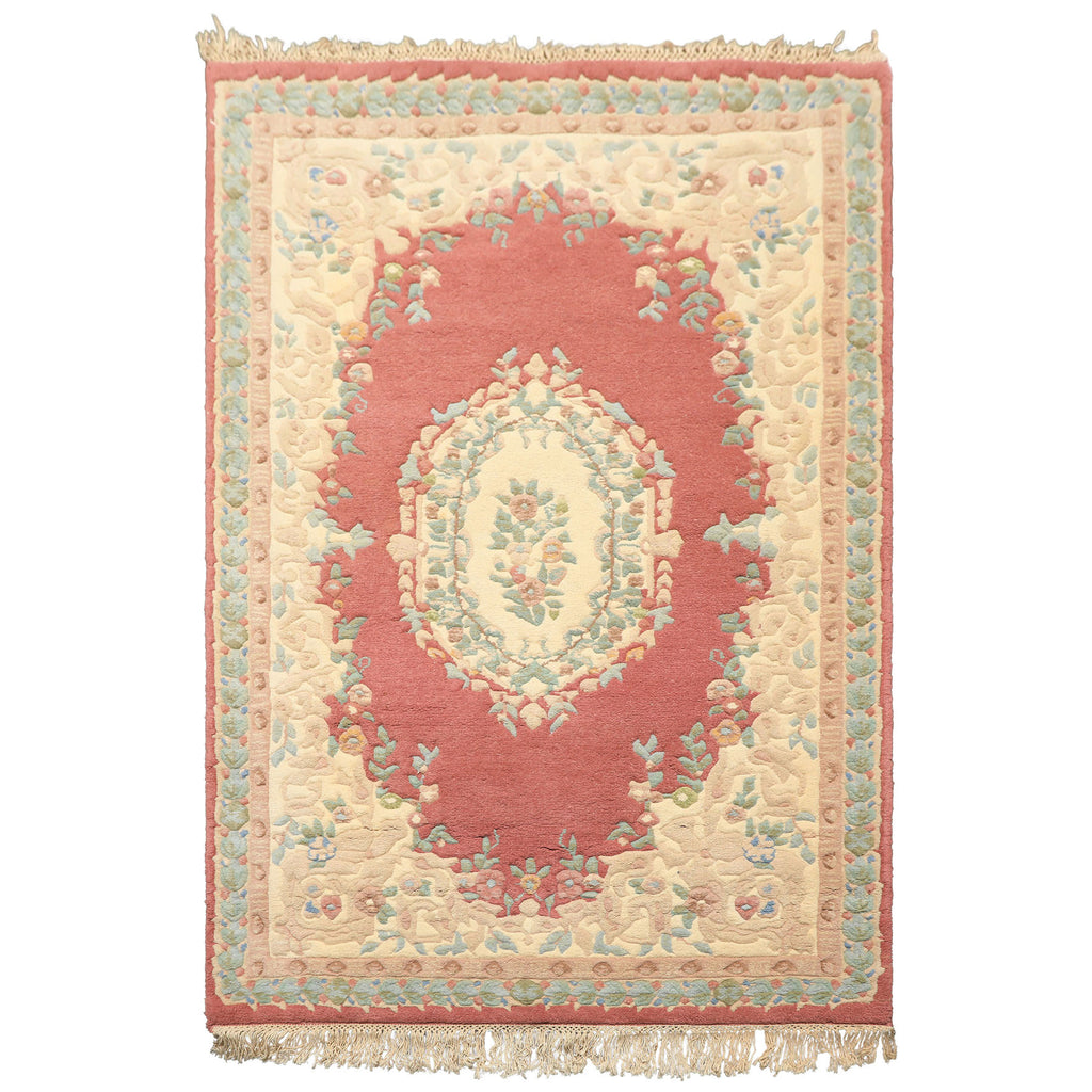 4x6 Rose, Ivory, Aqua Color Hand Knotted French Aubusson Savonnerie Wool Traditional Oriental Rug