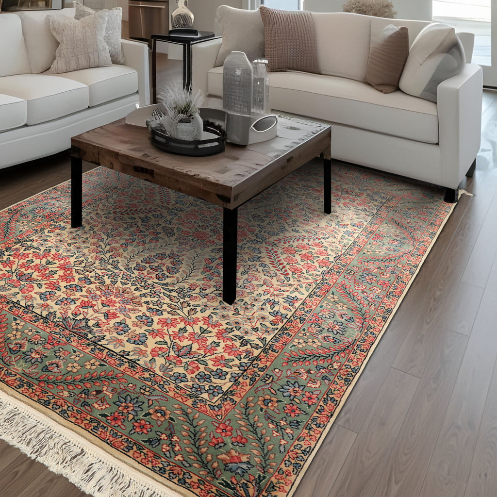 4x6 Ivory, Aqua, Navy Color Hand Knotted Kerman New Zealand Wool Traditional Oriental Rug
