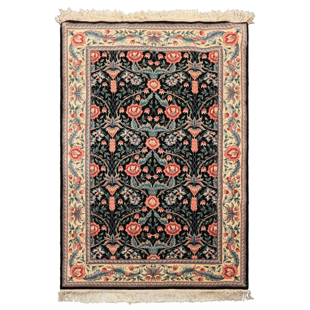 4x6 Black, Ivory, Aqua Color Hand Knotted French Aubusson Savonnerie Wool Traditional Oriental Rug