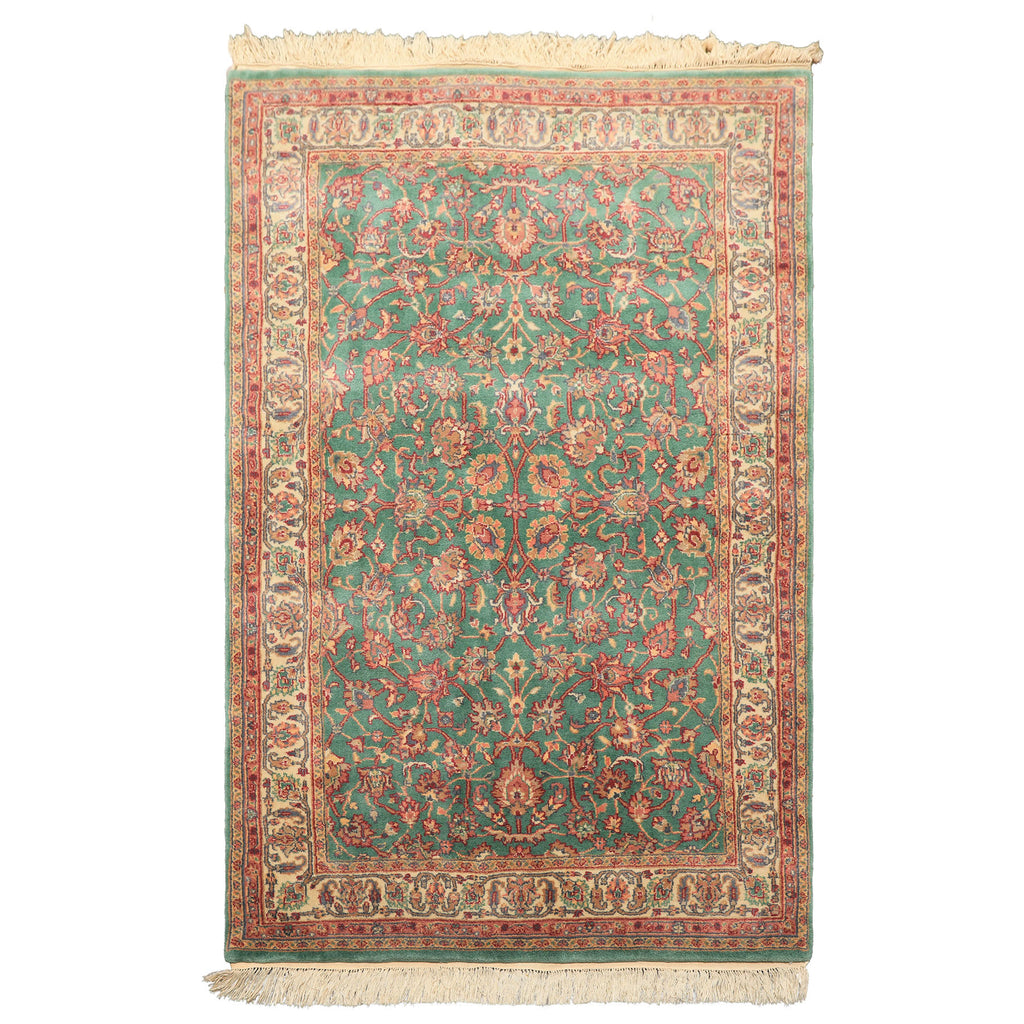 4x6 Green, Ivory, Rust Color Hand Knotted Kashan New Zealand Wool Traditional Oriental Rug