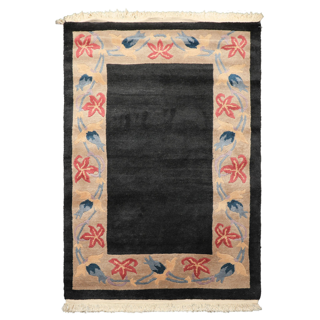 4x6 Charcoal, Tan, Rose Color Hand Knotted Tibetan Wool Transitional Oriental Rug