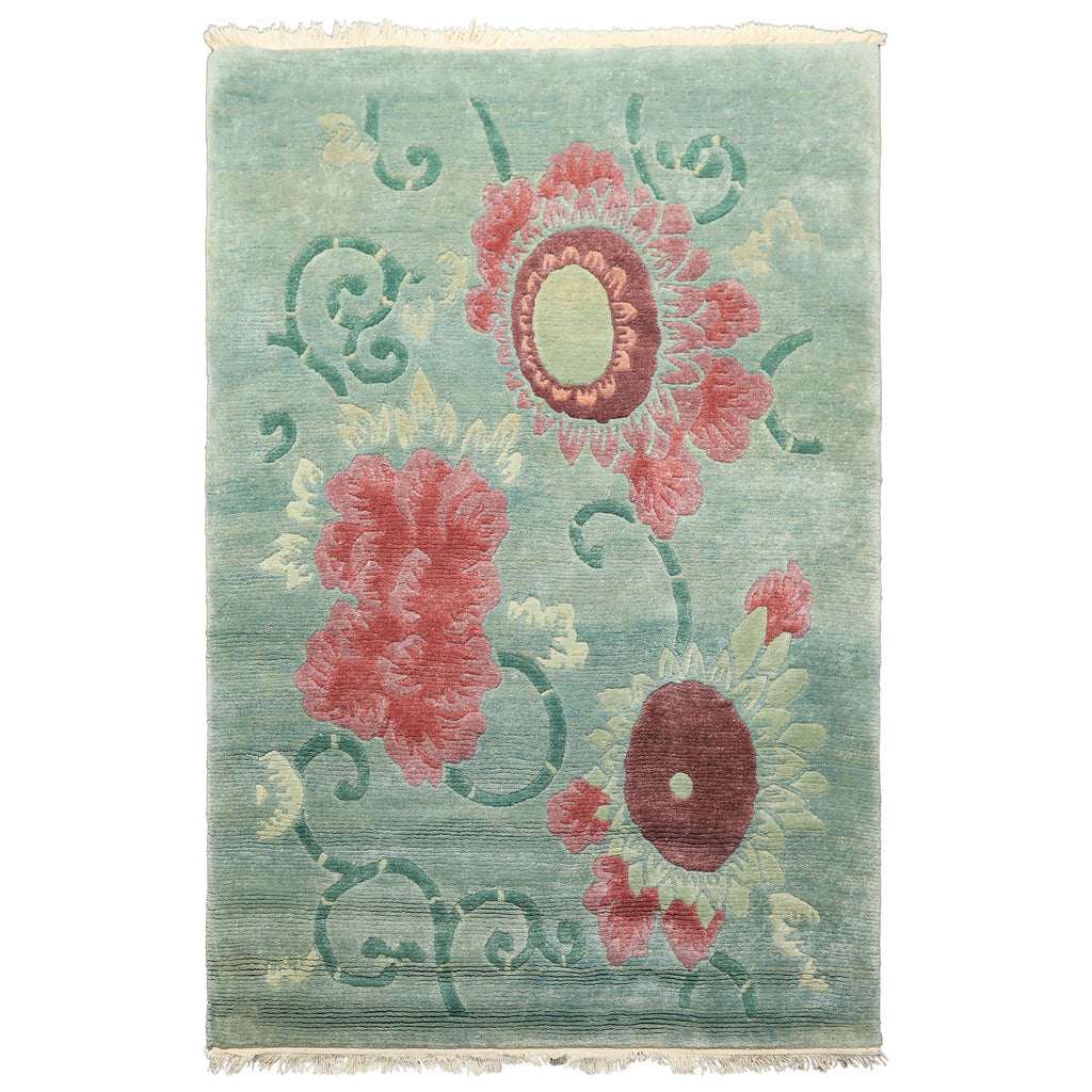 4x6 Seafoam-Green, Rust, Mauve Color Hand Knotted Tibetan Wool Transitional Oriental Rug