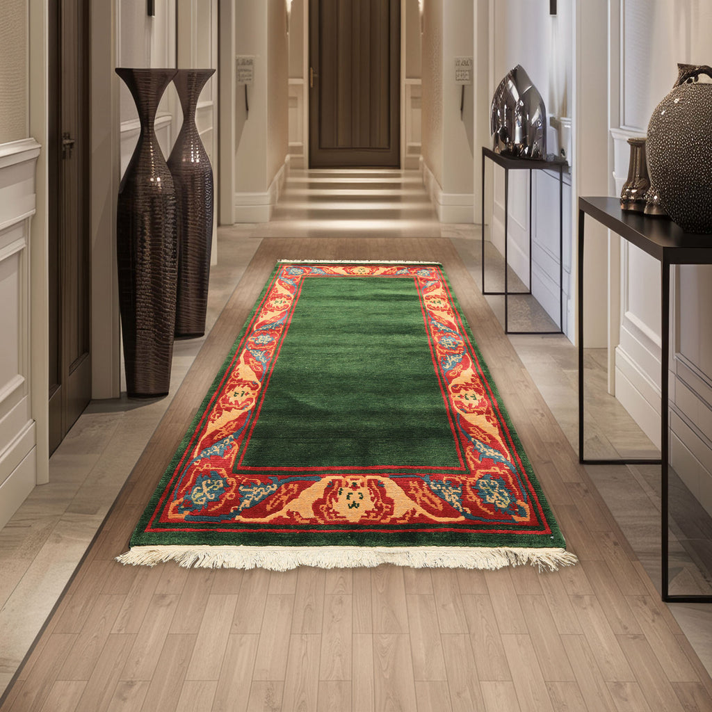 4x7 Green, Coral, Peach Color Hand Knotted Tibetan Wool Transitional Oriental Rug