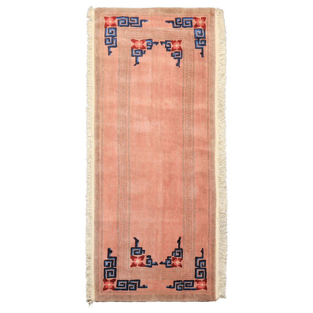 7 Runner Blush, Brown, Navy Color Hand Knotted Tibetan Wool Transitional Oriental Rug