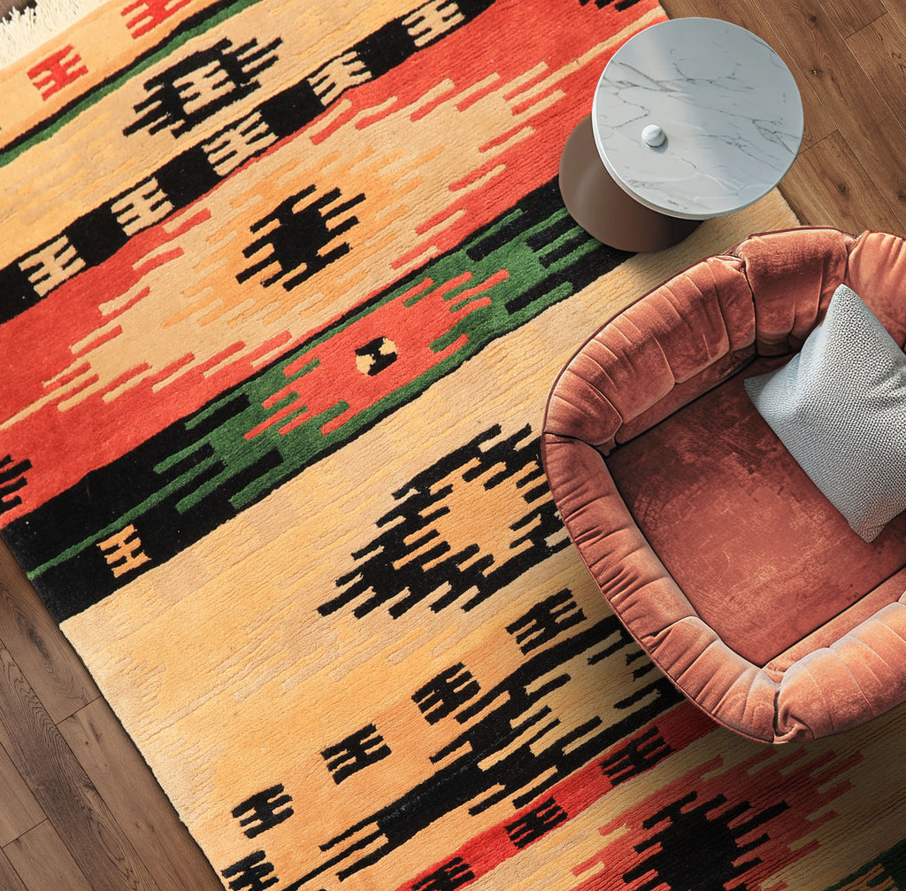 4x6 Beige, Faded Peach, Black Color Hand Knotted Tibetan Wool  Oriental Rug