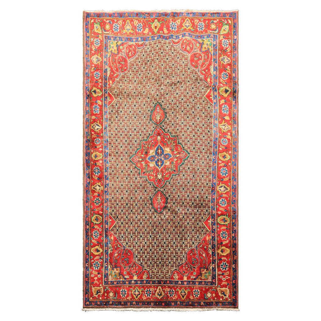 Runner Brown, Coral, Turquoise Color Hand Knotted Hamadan Wool  Oriental Rug