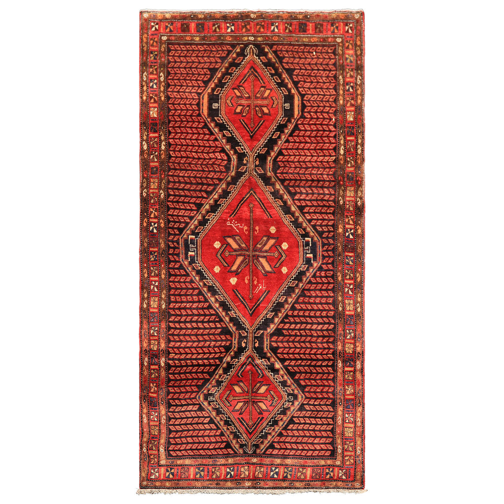 Runner Red, Charcoal, Brown Color Hand Knotted Hamadan Wool Traditional Oriental Rug