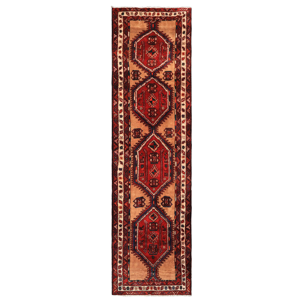Runner Burgundy, Camel, Ivory Color Hand Knotted Kurdish Bidjar Wool Traditional Oriental Rug