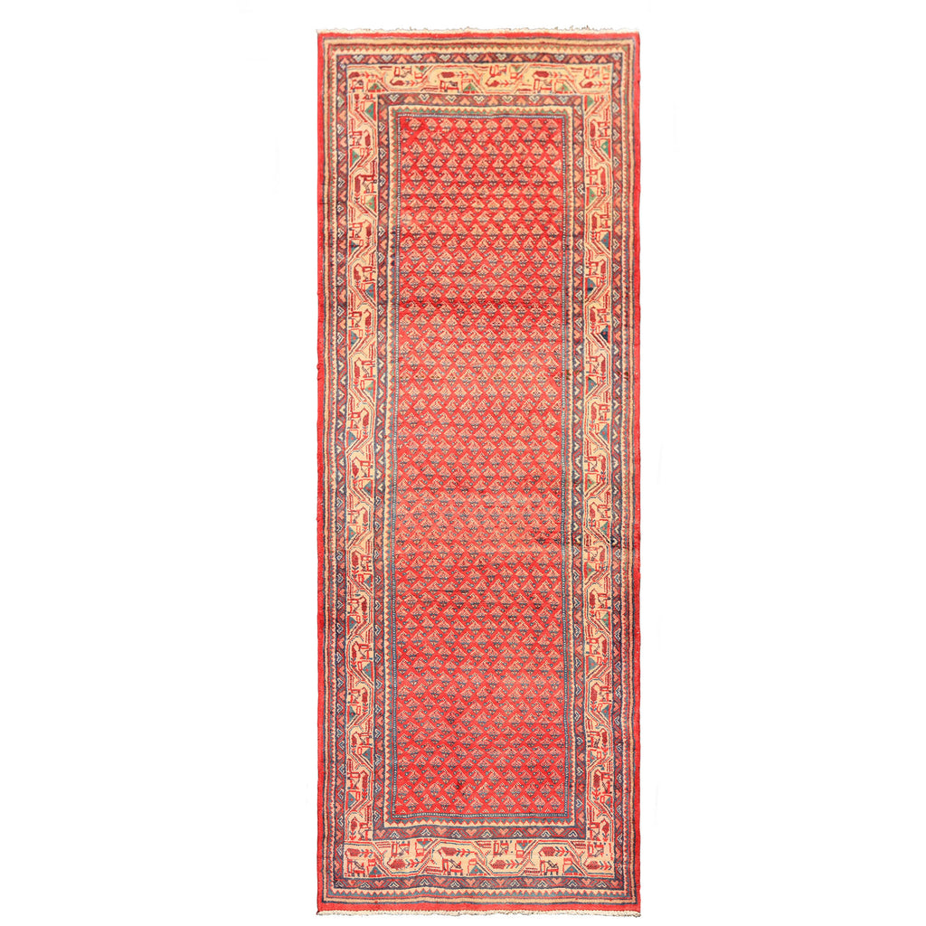 Runner Coral, Ivory, Aqua Color Hand Knotted Kurdish Bidjar Herati Wool Traditional Oriental Rug