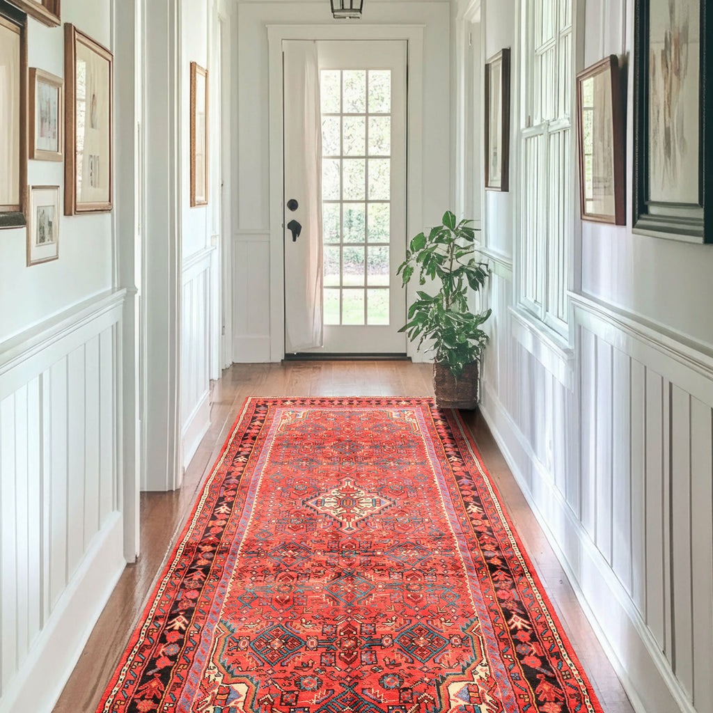 Runner Red, Rose, Charcoal Color Hand Knotted Heriz Wool Traditional Oriental Rug