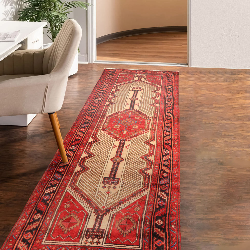 Runner Beige, Red, Rose Color Hand Knotted Heriz Wool Traditional Oriental Rug