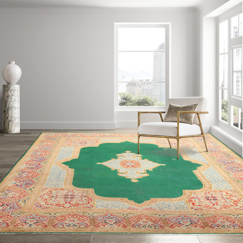 9x12 Green, Ivory, Rose Color Hand Knotted Kerman Wool Traditional Oriental Rug