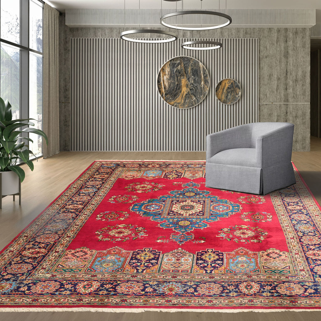 8x11 Coral, Navy, Ivory Color Hand Knotted Tabriz Wool Traditional Oriental Rug