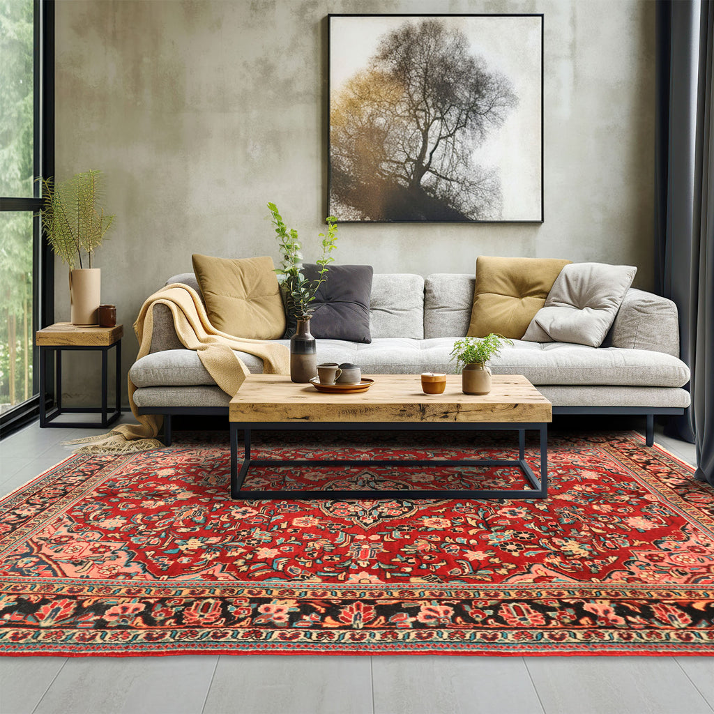 7x10 Rust, Charcoal, Pink Color Hand Knotted Sarouk Wool Traditional Oriental Rug
