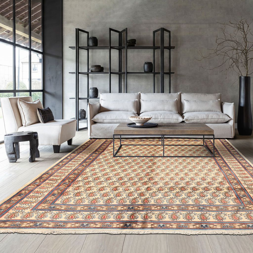 7x10 Beige, Camel, Blue Color Hand Knotted Birjand Wool Traditional Oriental Rug