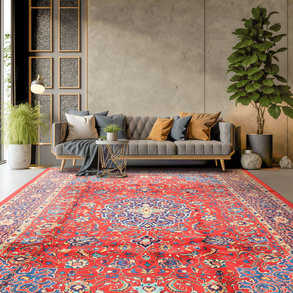 8x11 Red, Navy, Ivory Color Hand Knotted Sarouk Wool Traditional Oriental Rug