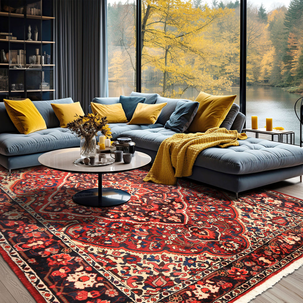 7x10 Rust, Ivory, Midnight Blue Color Hand Knotted Bakhtiari Wool Traditional Oriental Rug