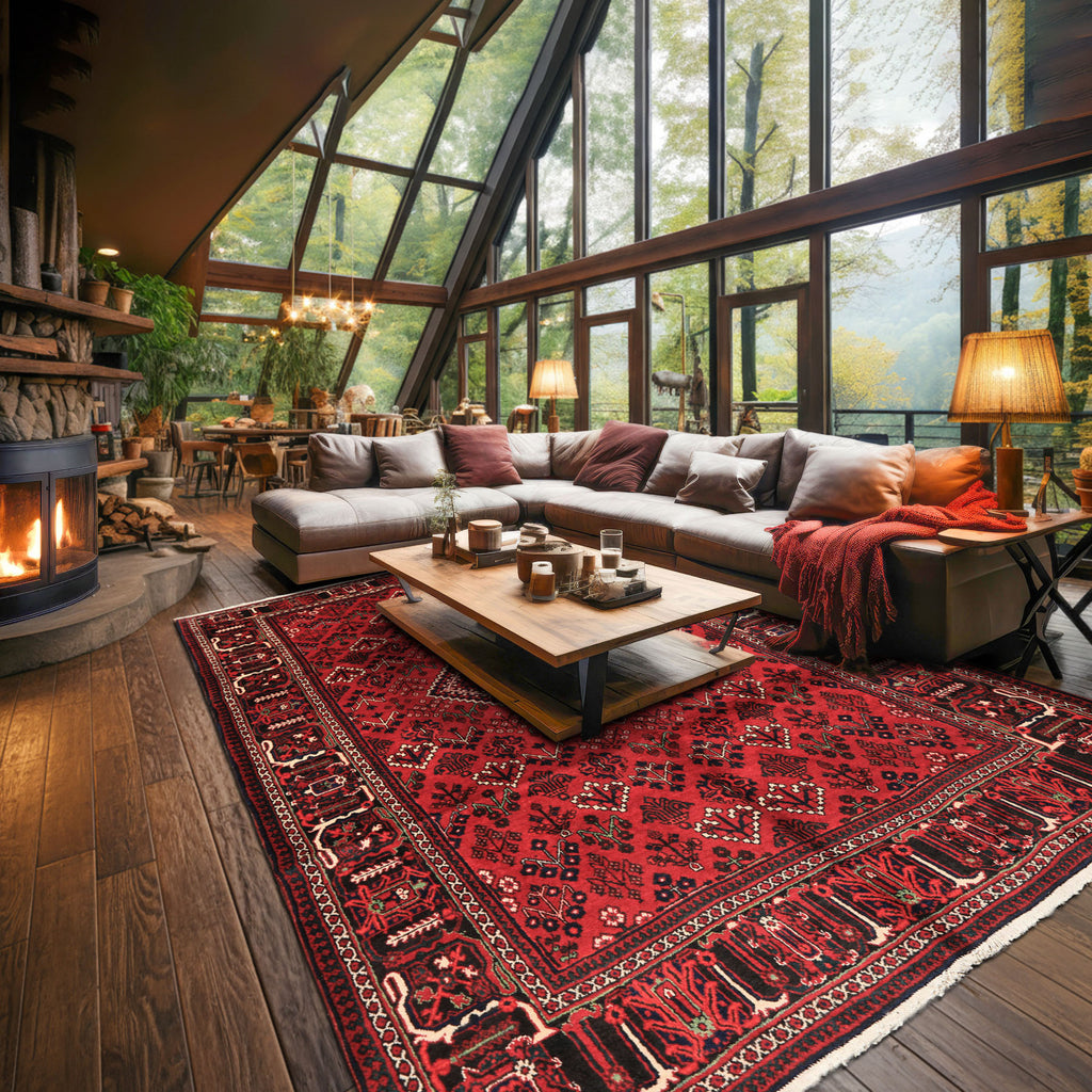 7x10 Burgundy, Charcoal, Ivory Color Hand Knotted Meimeh Wool Traditional Oriental Rug