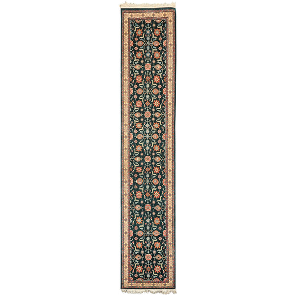 2'6x12 Teal, Ivory, Rose Color Hand Knotted Pak Persian Wool Traditional Oriental Rug