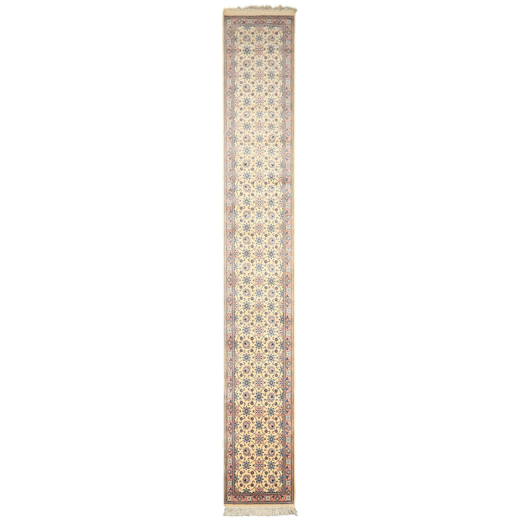 Runner Ivory, Rose, Blue Color Hand Knotted Kashan Wool Traditional Oriental Rug