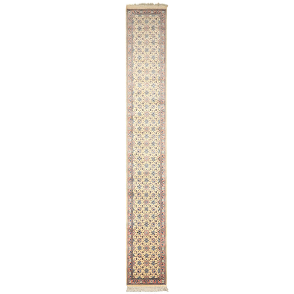 Runner Ivory, Rose, Blue Color Hand Knotted Kashan Wool Traditional Oriental Rug