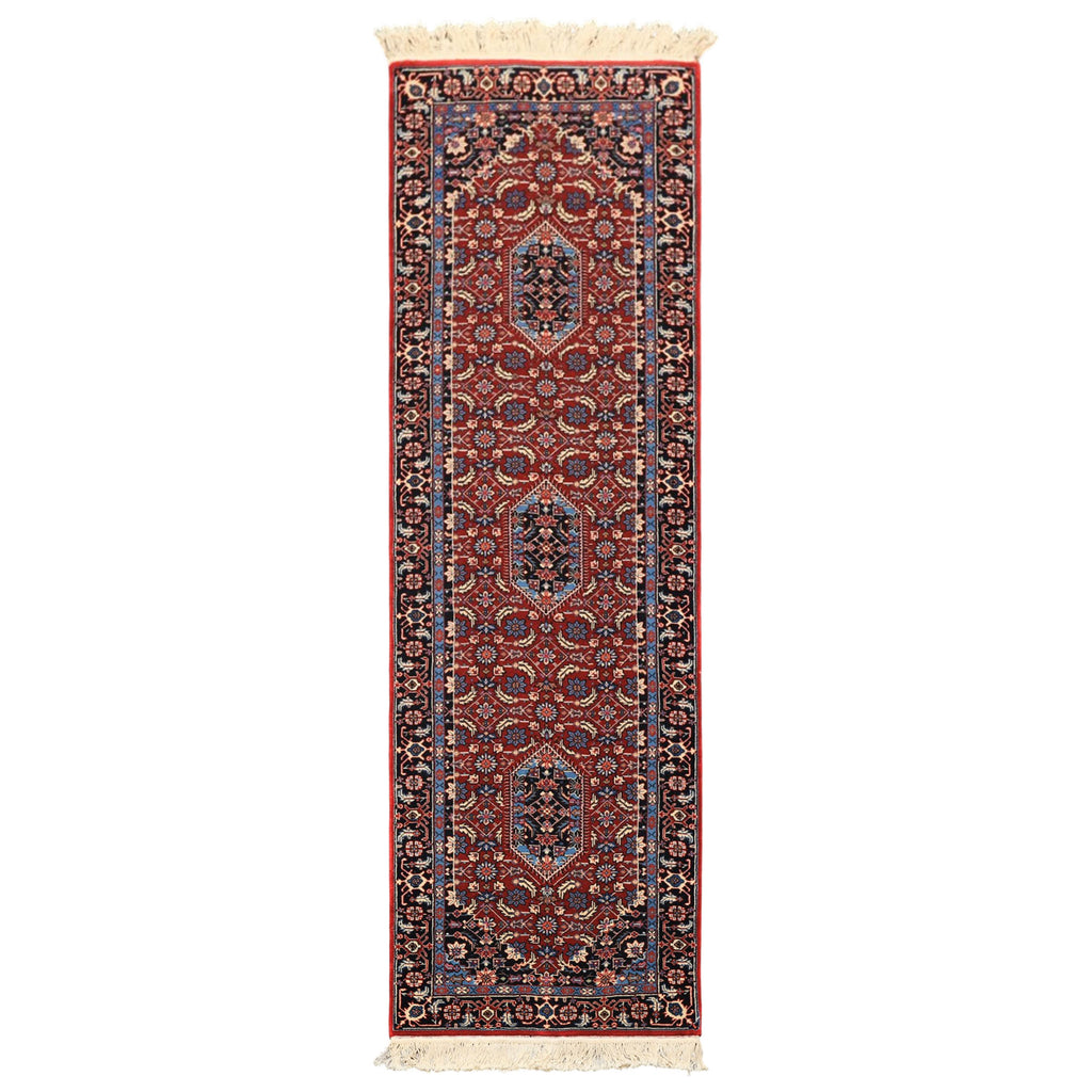 2'6x8 Red, Midnight Blue, Ivory Color Hand Knotted Indo Tabriz Wool Traditional Oriental Rug