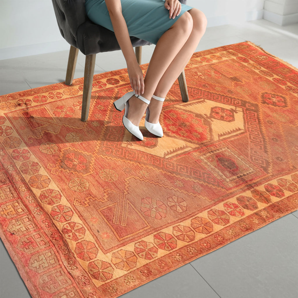 4'4''x8 Rust Beige Antique Turkish Oushak Traditional Pole Medallion Silky Sheen Wool Hand Knotted Oriental Area Rug