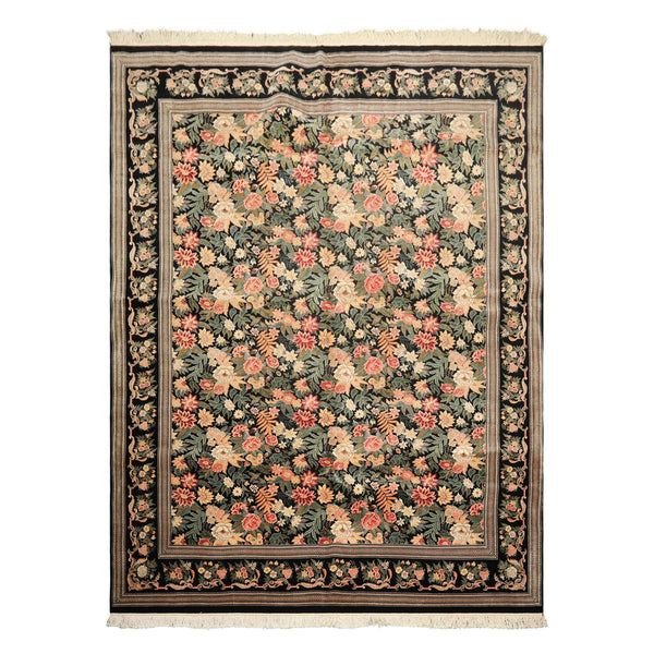 9x12 Black, Ivory, Rose Color Hand Knotted Pak Persian Wool & Silk Traditional Oriental Rug