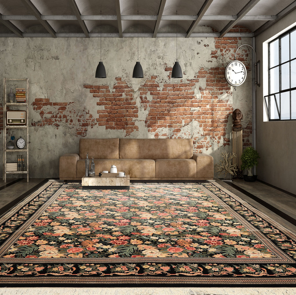 9x11'9'' Black Ivory Pak Persian Traditional 300 KPSI Botanical Wool Silk Hand Knotted Oriental Area Rug
