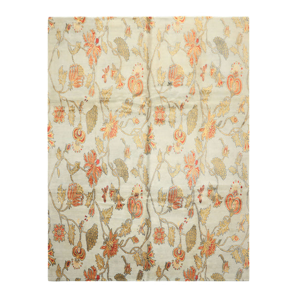 8x10 Aqua, Burnt Orange, Gold Color Hand Knotted Tibetan Wool & Pure Silk Traditional Oriental Rug