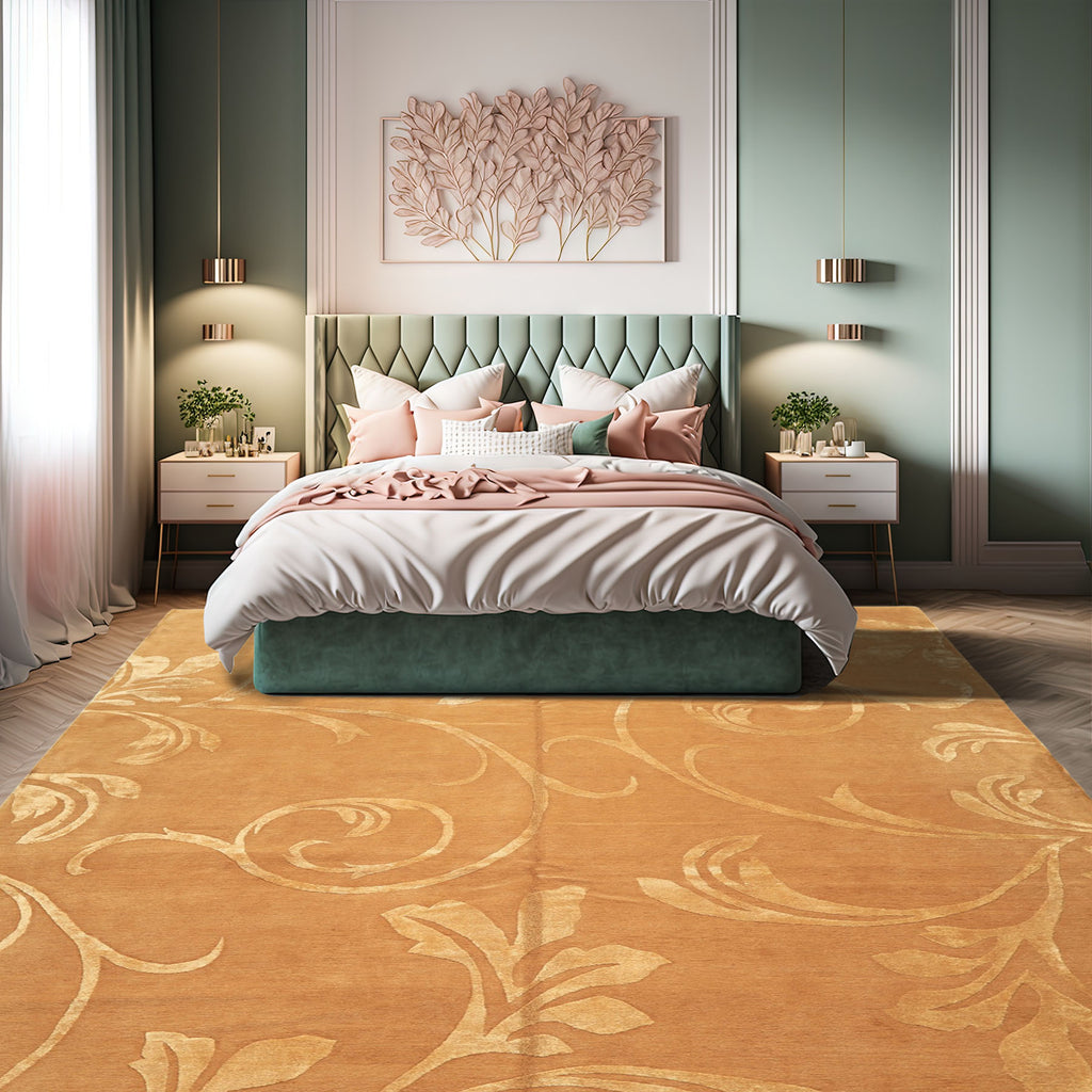 8x10 Tone on Tone Gold Premium Tibetan Transitional Embossed Tibetano Designer Botanical Motifs Wool Pure Silk Hand Knotted Oriental Area Rug