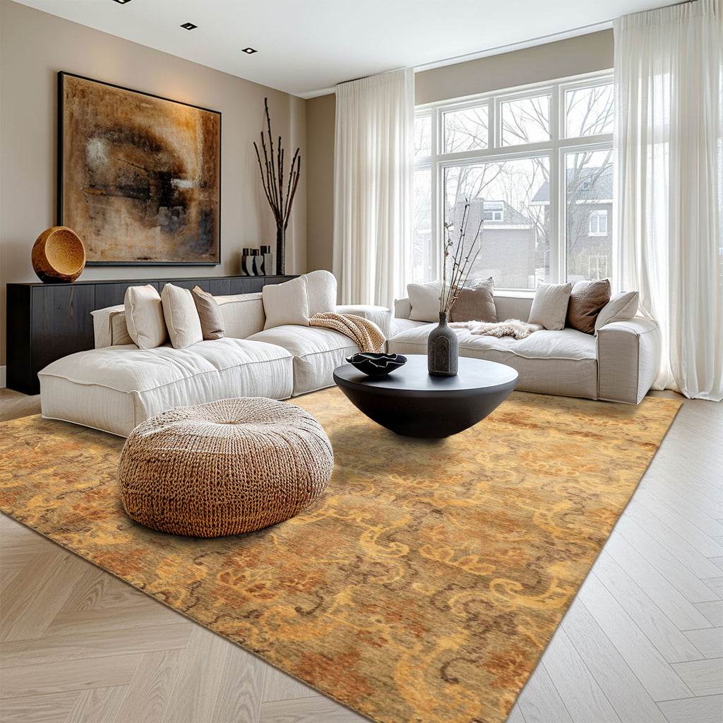7'11''x9'9'' Brown Gold Indo Tibetan Transitional Wool Hand Knotted Oriental Area Rug
