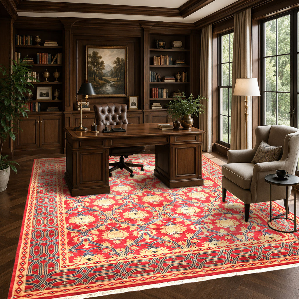8x10 Red, Navy, Gold Color Hand Knotted Agra Wool Traditional Oriental Rug