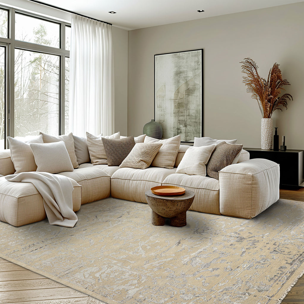 8x10 Beige, Gray, Color Hand Knotted Oushak Wool & Bamboo Silk Modern & Contemporary Oriental Rug