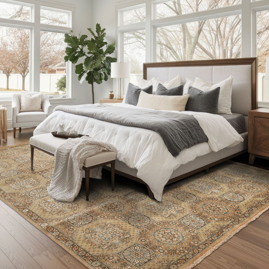 8x10 Beige, Tan, Turqoiuse Color Hand Knotted Bakhtiari Wool & Silk Transitional Oriental Rug