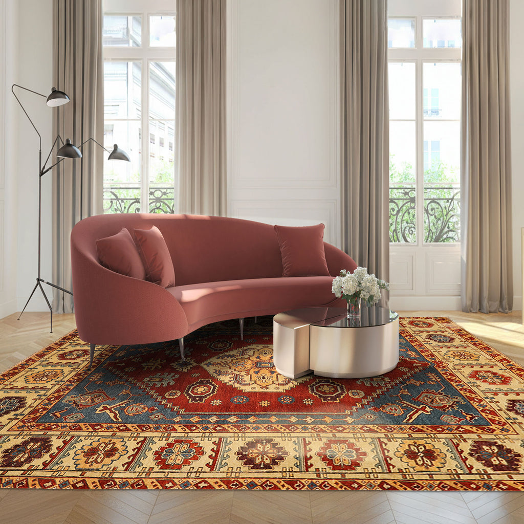 8x10 Rust, Light Gold, Blue Color Hand Knotted Oushak Wool Transitional Oriental Rug