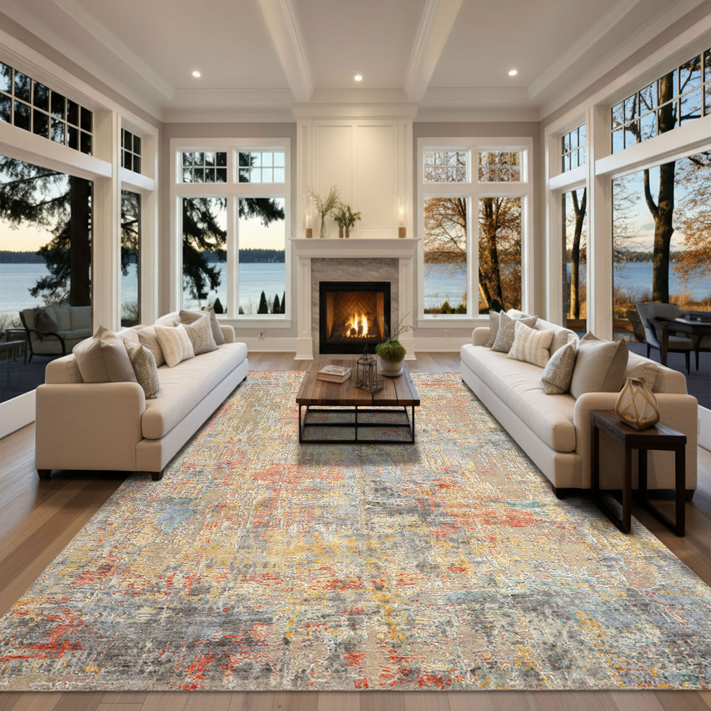 9x12 Beige, Coral, Aqua Color Hand Knotted Sherpa Wool & Bamboo Silk Modern & Contemporary Oriental Rug