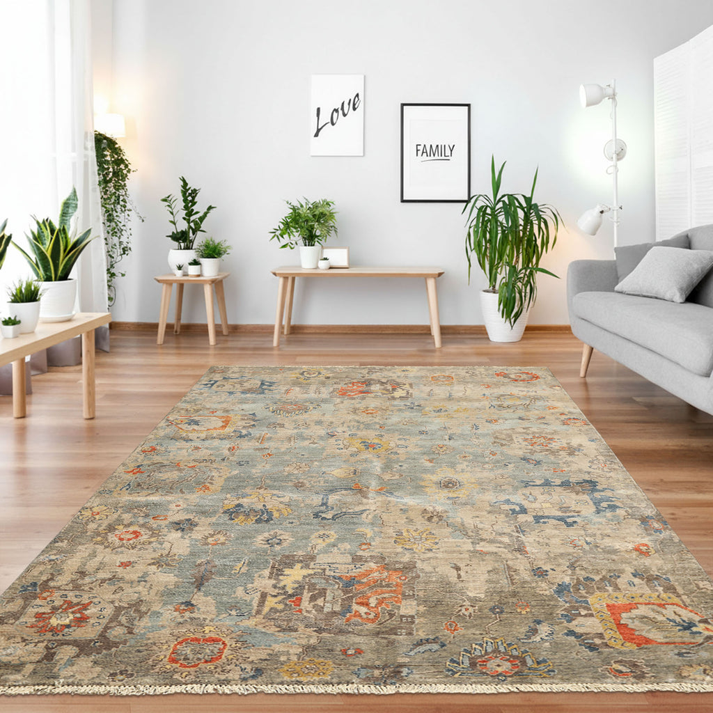 6x9 Celadon, Beige, Orange Color Hand Knotted Indo Oushak Wool Traditional Oriental Rug