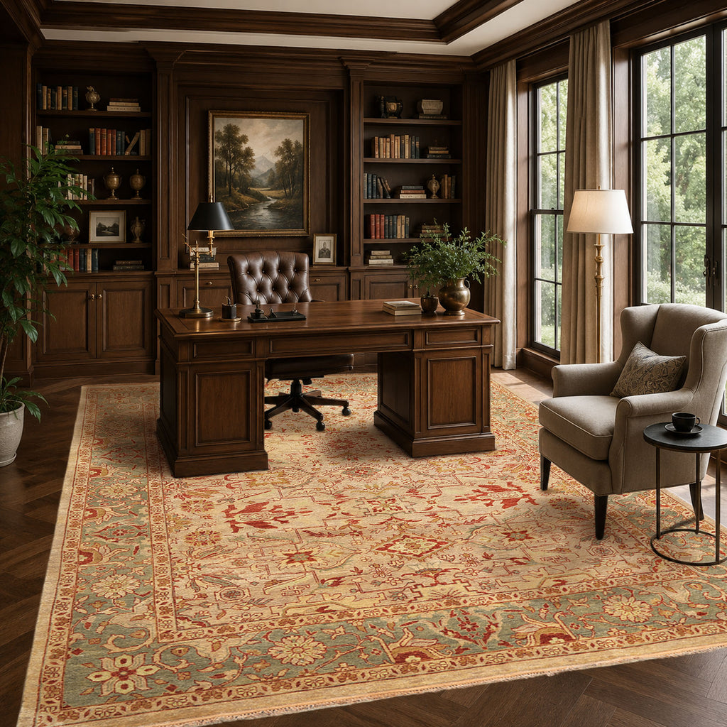 8x10 Beige, Celadon, Rust Color Hand Knotted Oushak Wool Traditional Oriental Rug