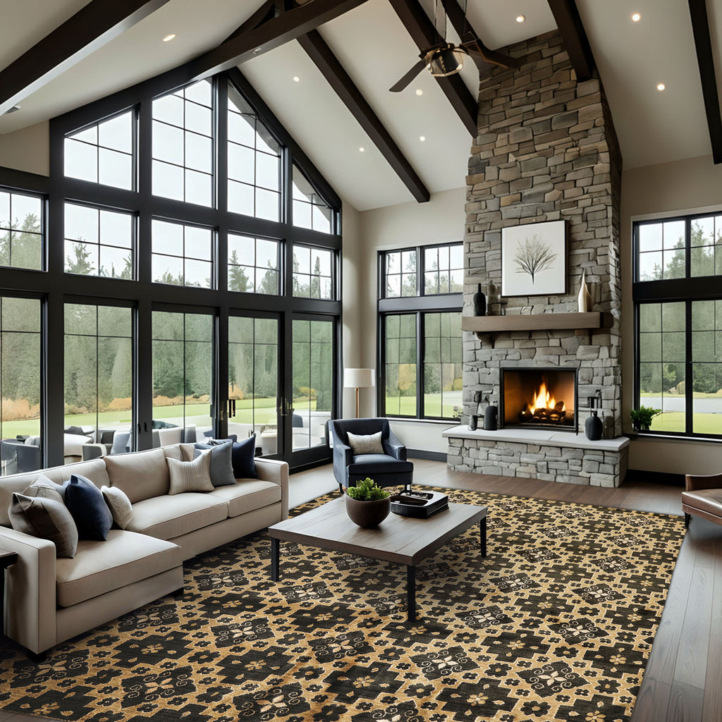 8x10 Tan, Charcoal, Color Hand Knotted Tibetan Wool Transitional Oriental Rug