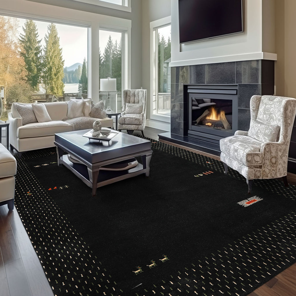8x11 Black, Ivory, Green Color Hand Knotted Gabbeh Wool Modern & Contemporary Oriental Rug