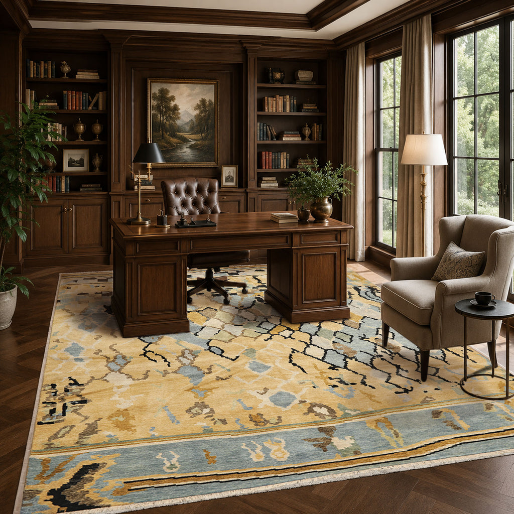 8x10 Light Gold, Aqua, Black Color Hand Knotted Oushak Wool Modern & Contemporary Oriental Rug