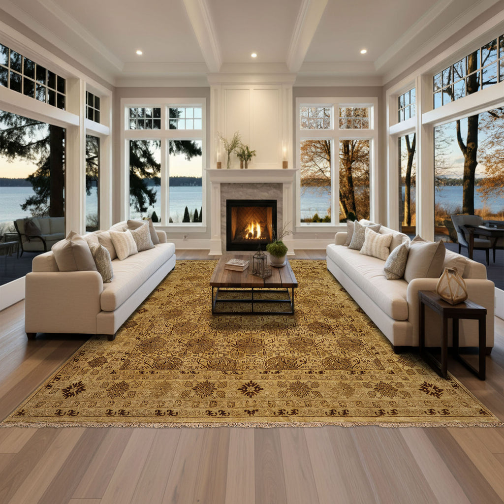 9x12 Light Gold, Tan, Brown Color Hand Knotted Agra Wool Transitional Oriental Rug